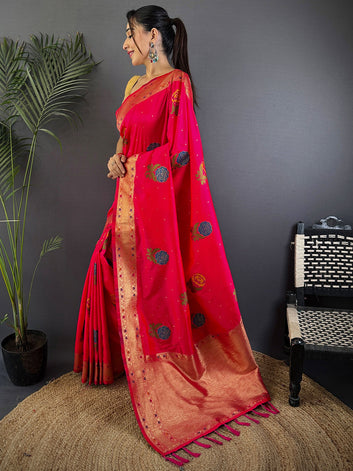 Rani Pink Banarasi Silk Saree with Rose Motifs & Golden Zari Border