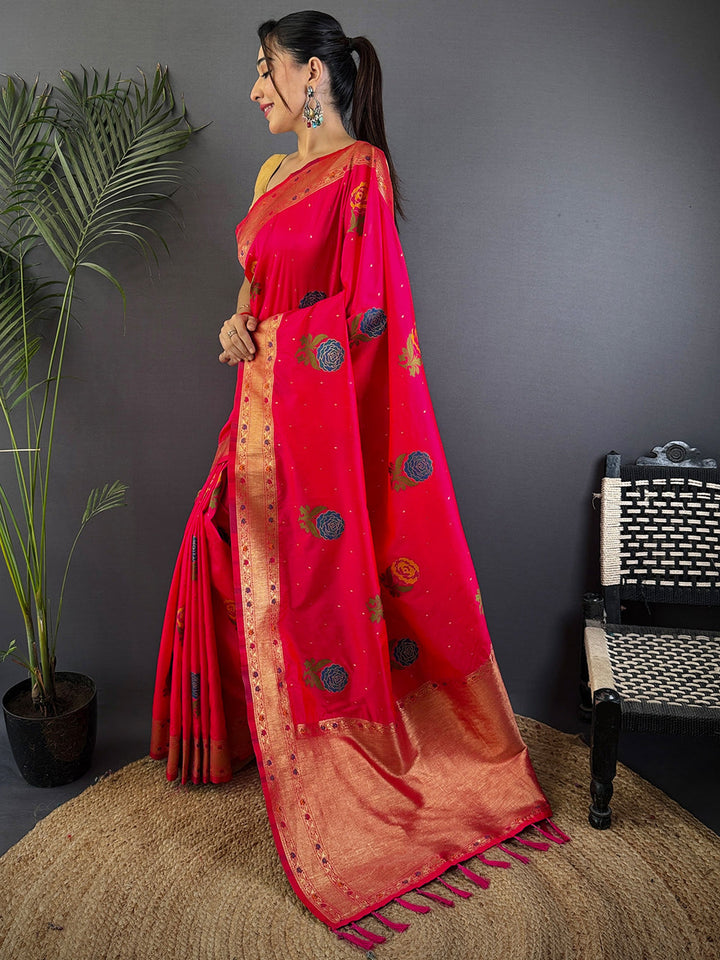 Rani Pink Banarasi Silk Saree with Rose Motifs & Golden Zari Border