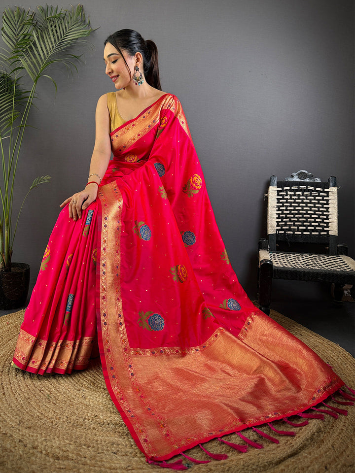 Rani Pink Banarasi Silk Saree with Rose Motifs & Golden Zari Border