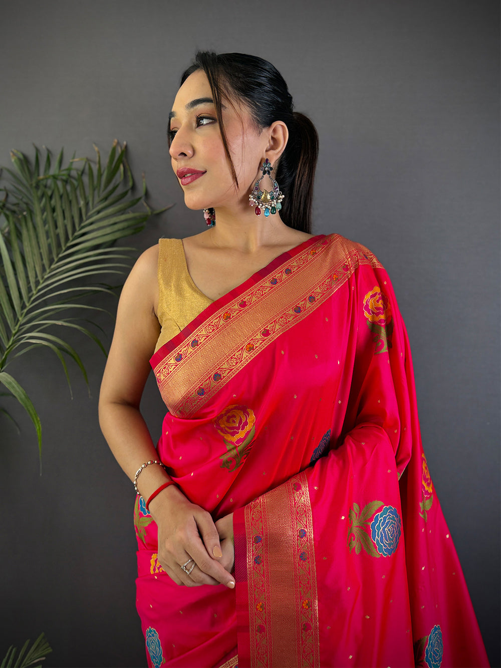 Rani Pink Banarasi Silk Saree with Rose Motifs & Golden Zari Border