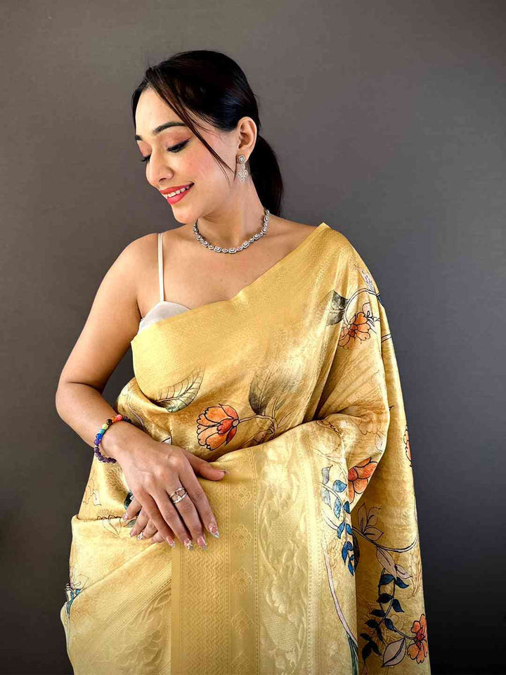 Yellow Handwoven Linen Saree with Floral Print & Tassel Border