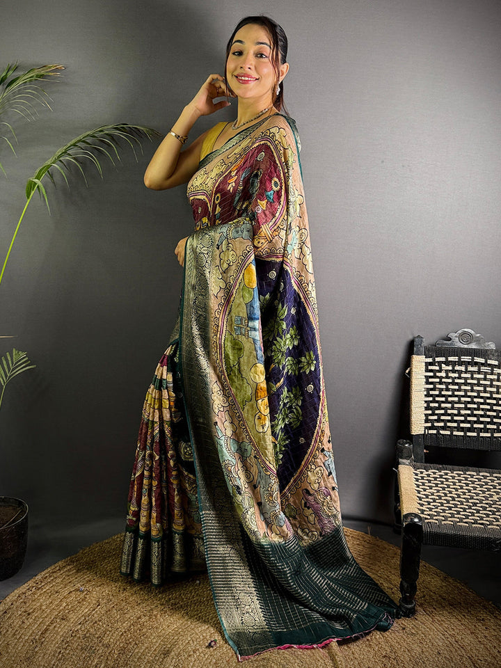 Multicolor Kalamkari Art Silk Saree with Green Woven Border