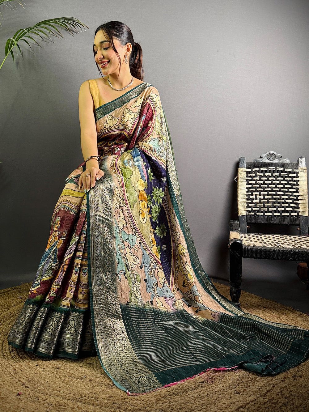 Multicolor Kalamkari Art Silk Saree with Green Woven Border