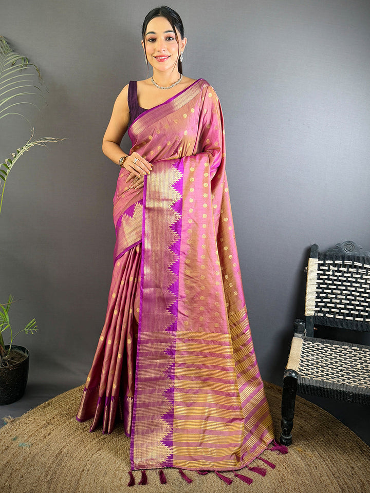 Pink & Purple Banarasi Silk Saree with Golden Zari Polka Motifs & Traditional Pallu