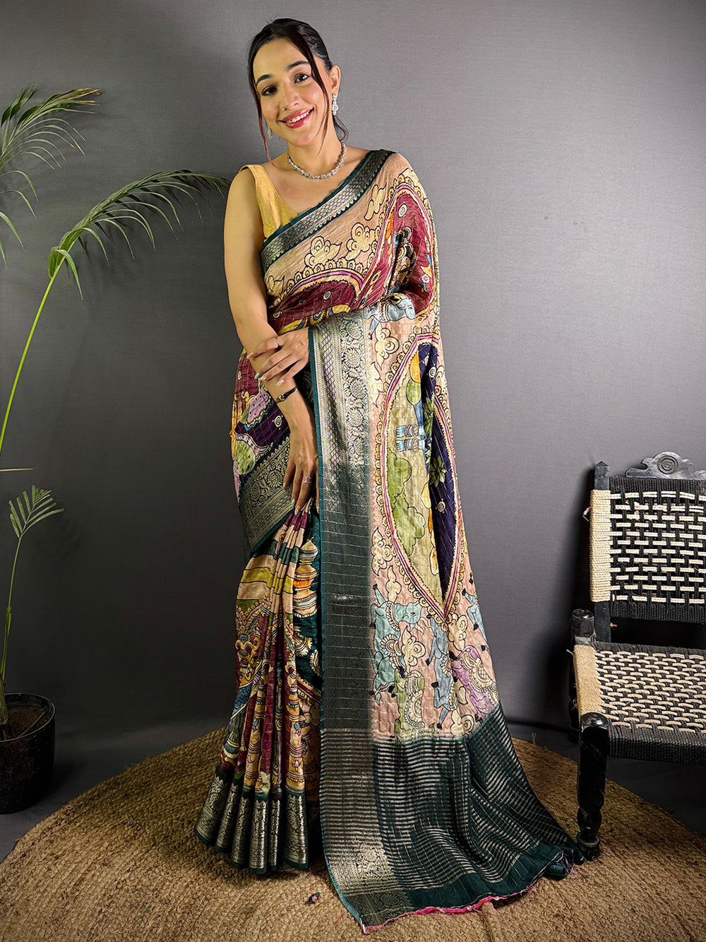 Multicolor Banarasi Silk Saree with Artistic Kalamkari Print & Rich Zari Weaving