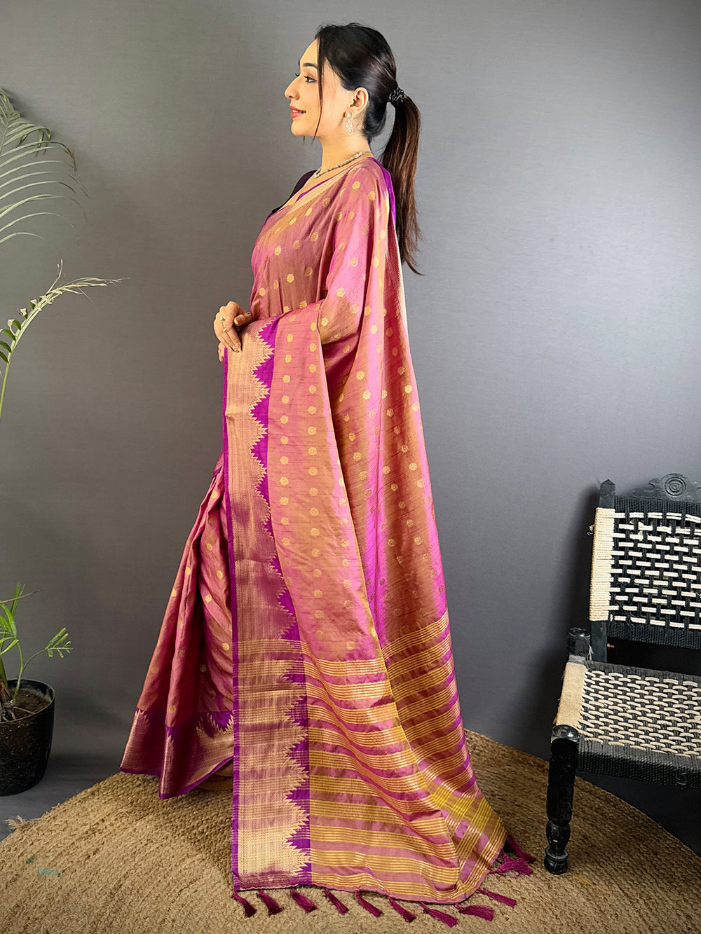 Pink & Purple Banarasi Silk Saree with Golden Zari Polka Motifs & Traditional Pallu