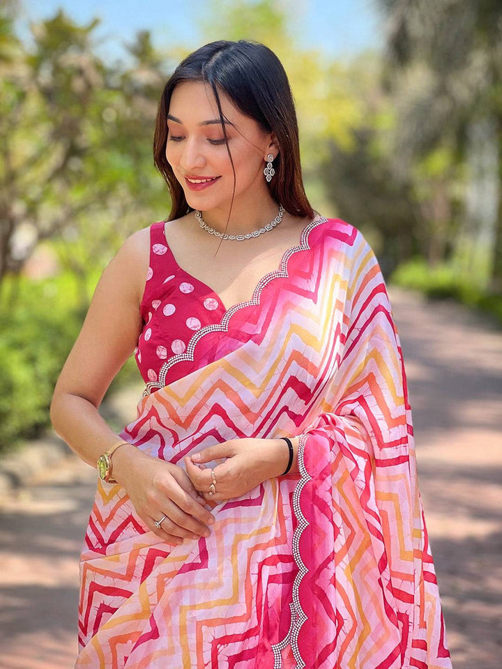 Pink & Yellow Tie Dye Printed Georgette Saree with Zigzag Pattern & Scallop Border