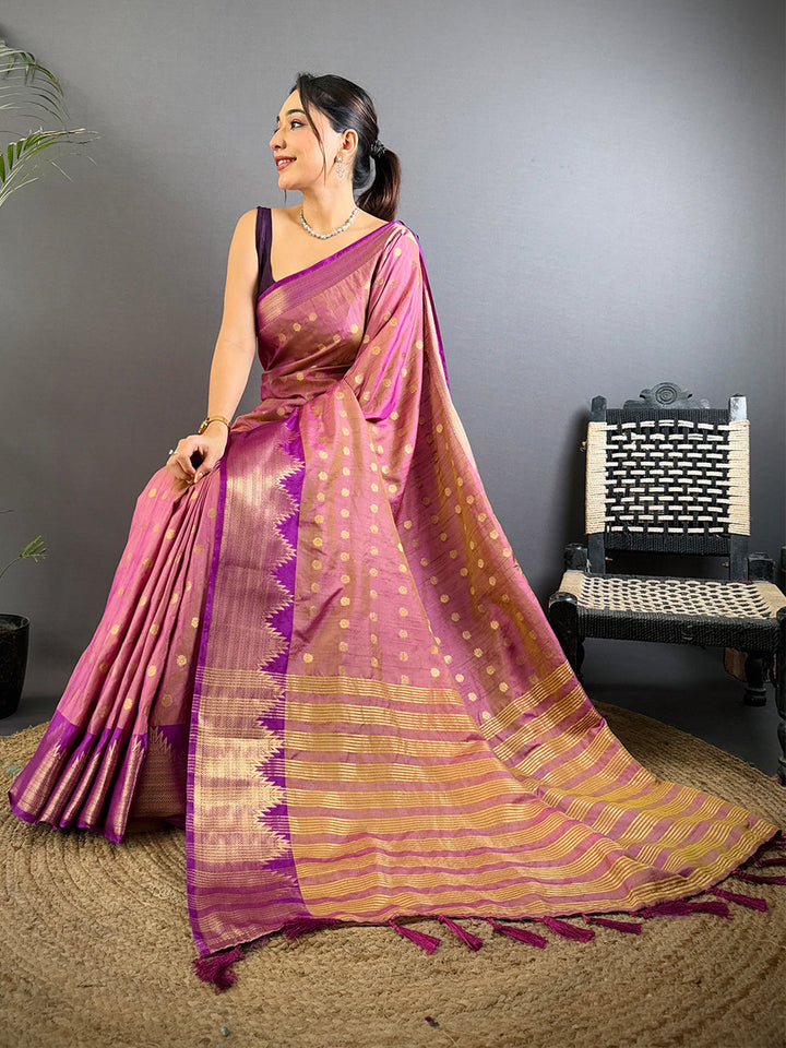Pink & Purple Banarasi Silk Saree with Golden Zari Polka Motifs & Traditional Pallu