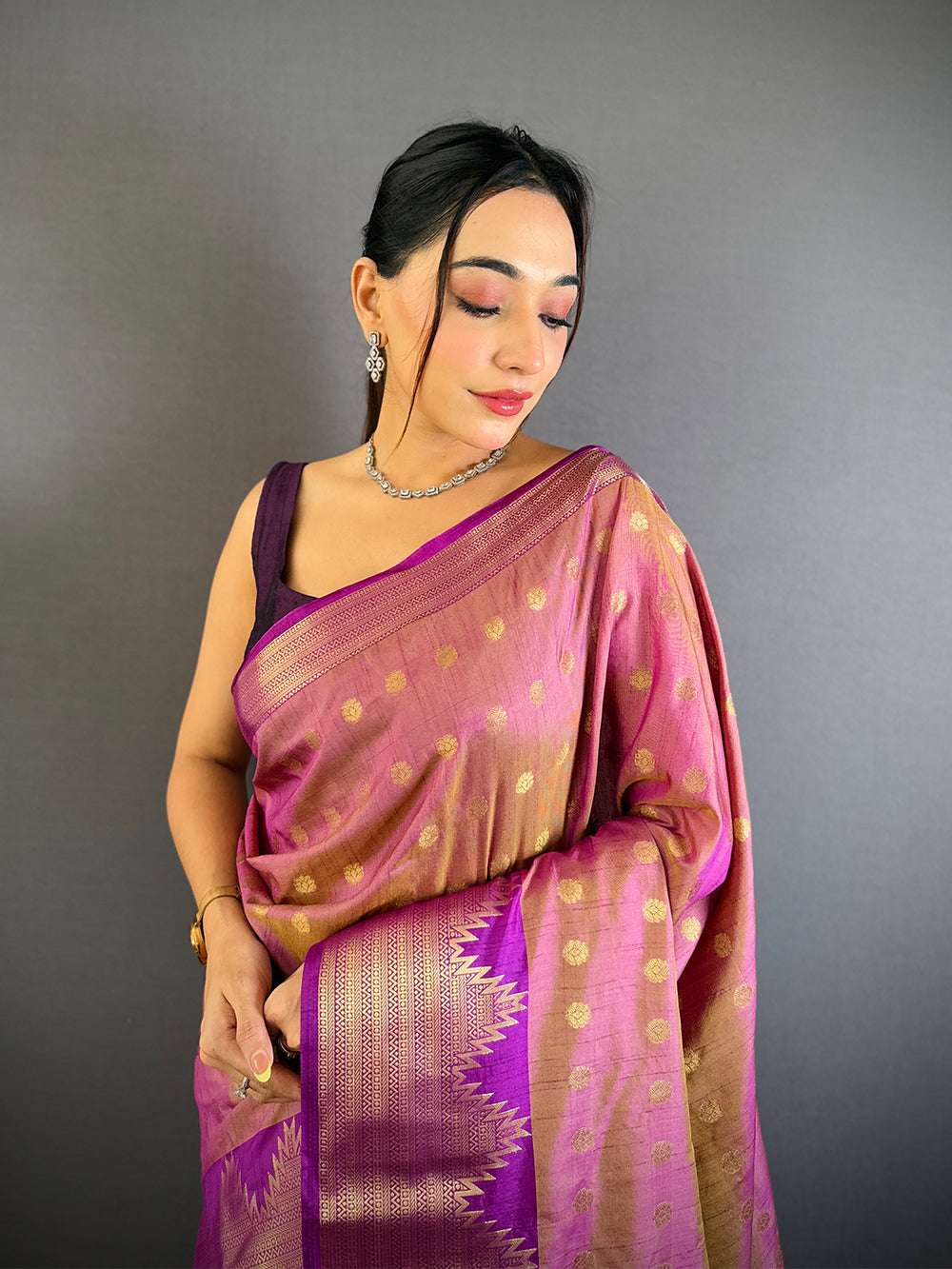 Pink & Purple Banarasi Silk Saree with Golden Zari Polka Motifs & Traditional Pallu