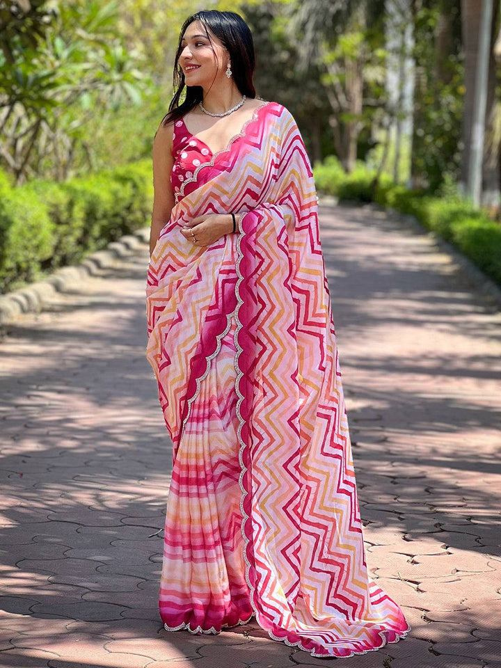 Pink & Yellow Tie Dye Printed Georgette Saree with Zigzag Pattern & Scallop Border