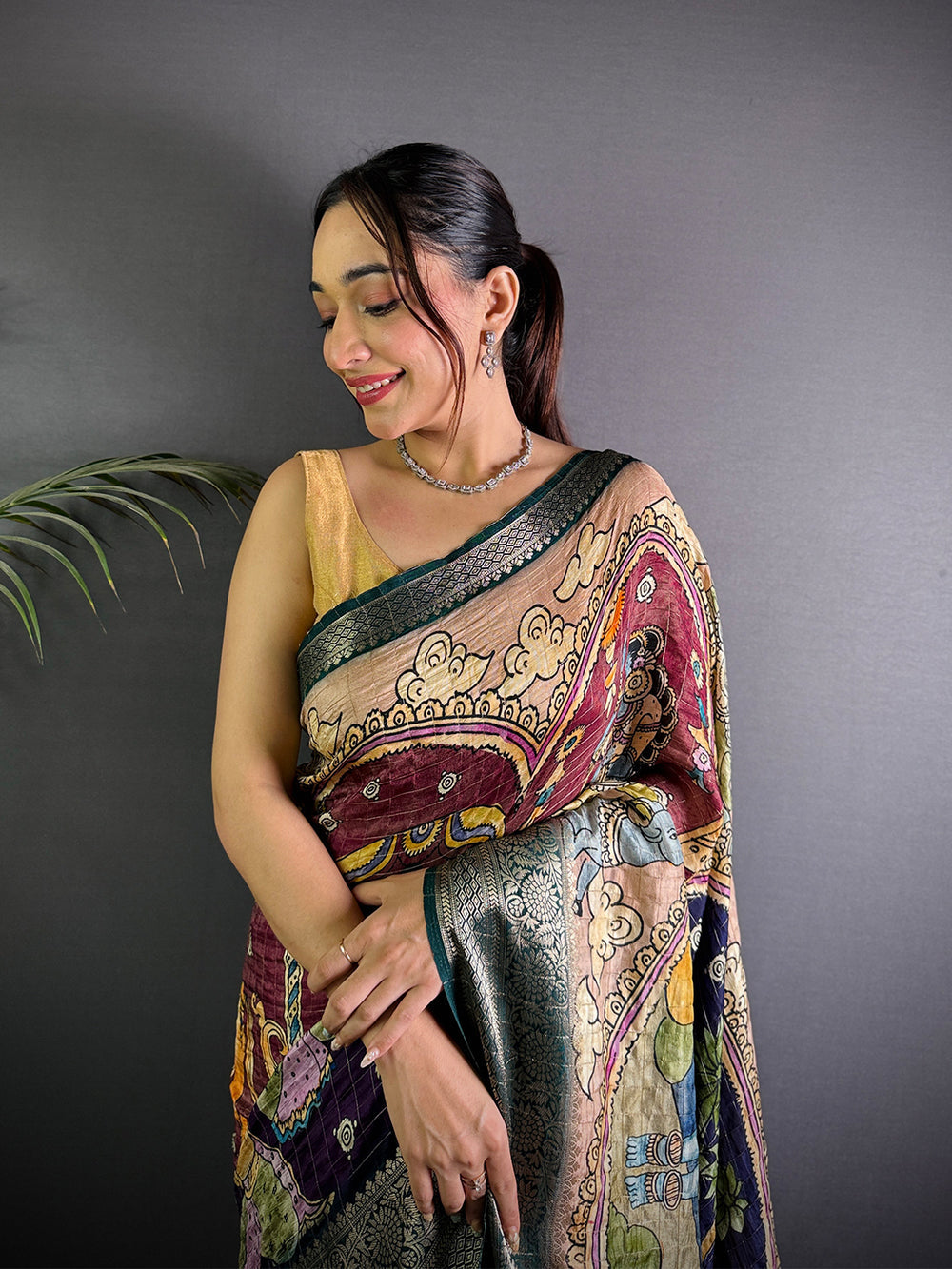 Multicolor Kalamkari Art Silk Saree with Green Woven Border