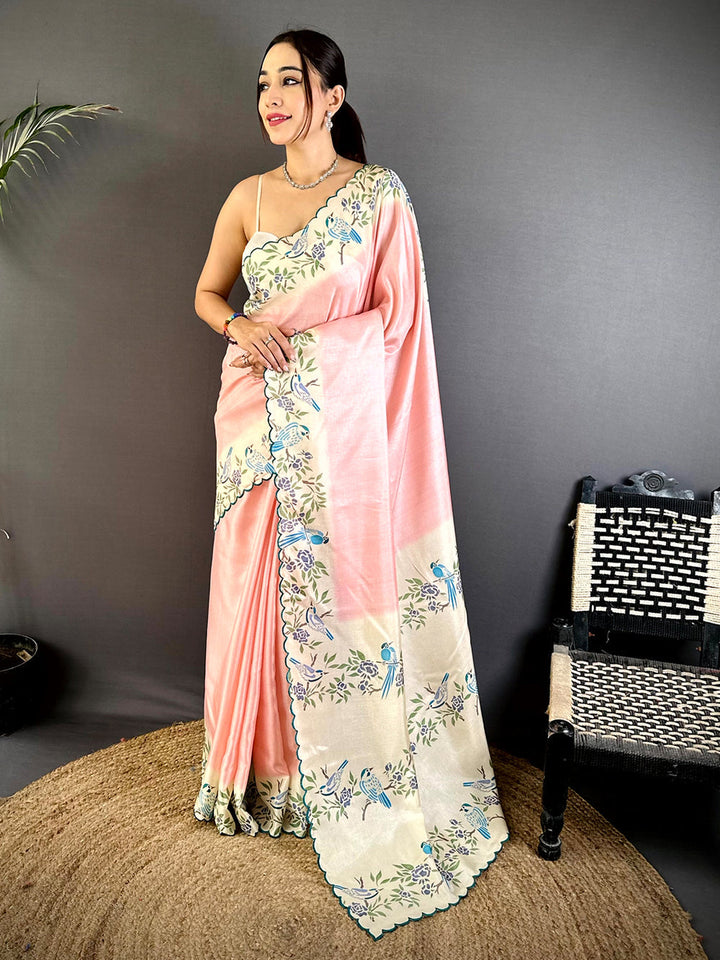Peach & Ivory Printed Silk Saree with Blue Bird Motifs & Scallop Border