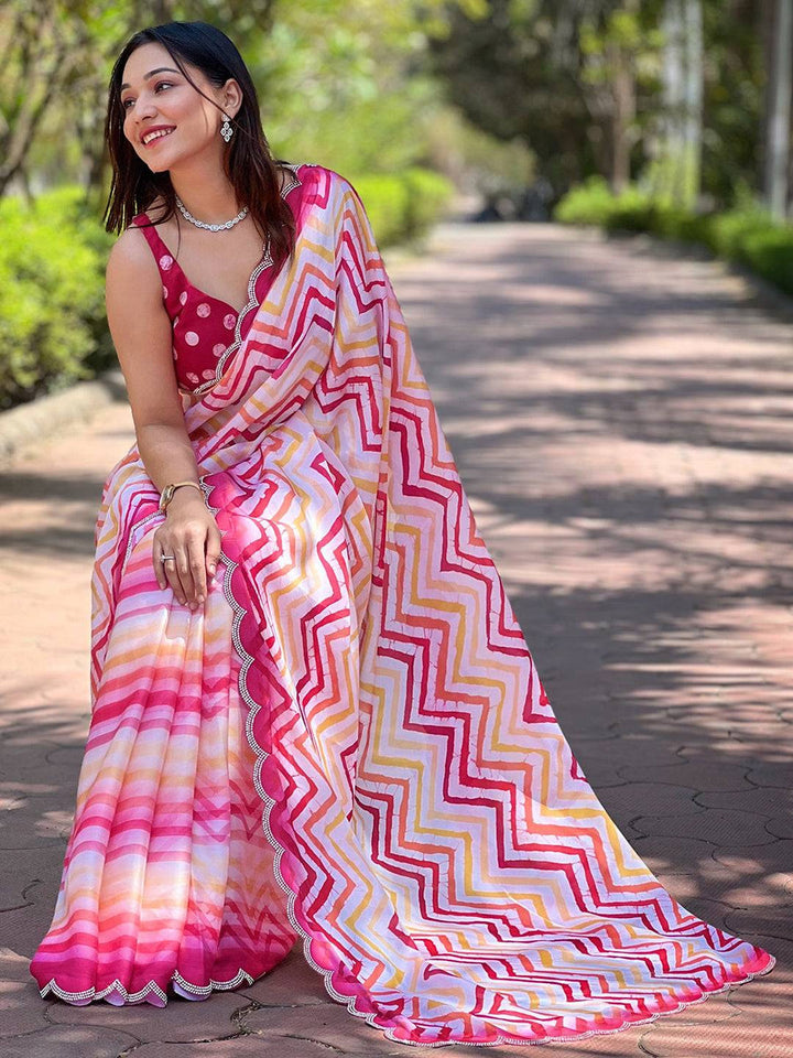 Pink & Yellow Tie Dye Printed Georgette Saree with Zigzag Pattern & Scallop Border