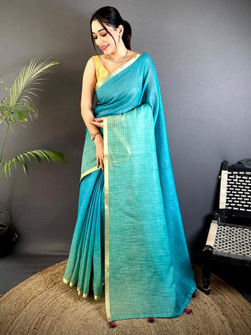 Teal Handwoven Linen Saree with Golden Border & Tassel Pallu