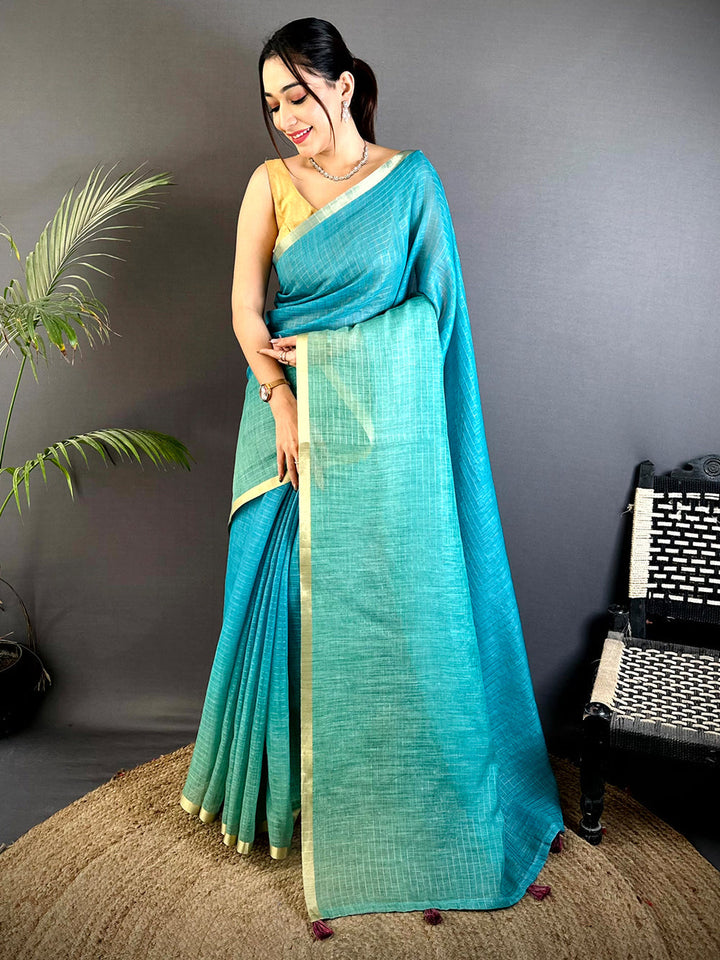 Teal Handwoven Linen Saree with Golden Border & Tassel Pallu