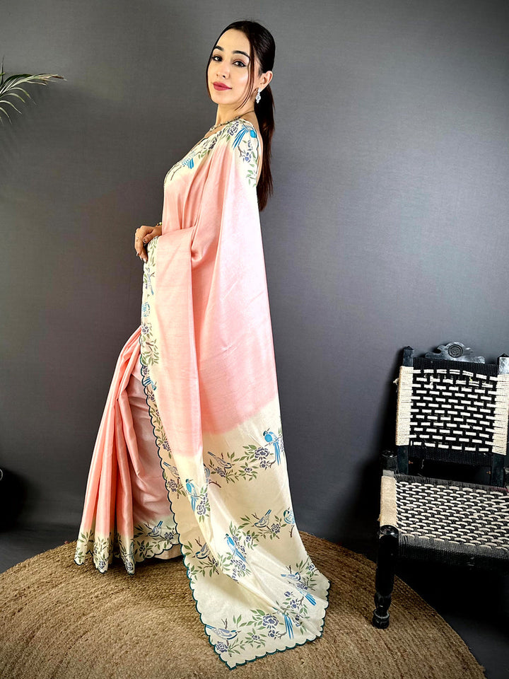 Peach Organza Saree with Blue Bird & Floral Embroidery and Scalloped Border
