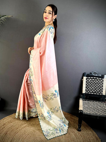 Peach & Ivory Printed Silk Saree with Blue Bird Motifs & Scallop Border