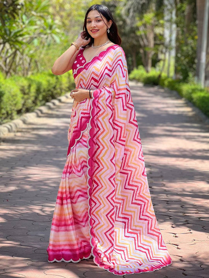 Pink & Yellow Tie Dye Printed Georgette Saree with Zigzag Pattern & Scallop Border