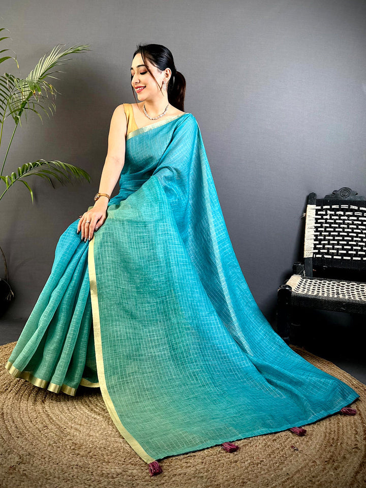 Teal Handwoven Linen Saree with Golden Border & Tassel Pallu