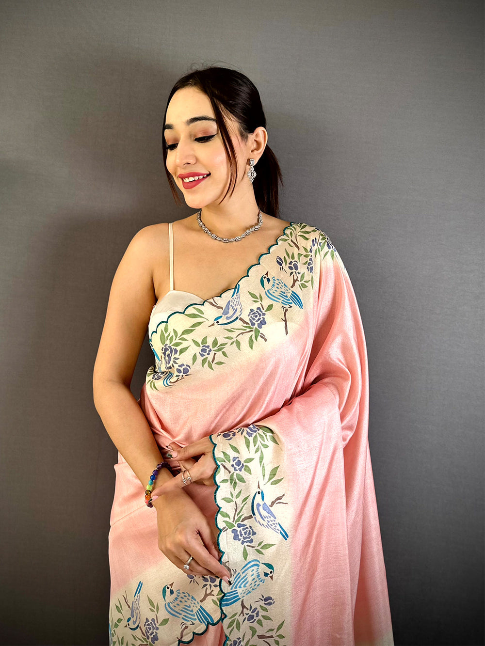 Peach & Ivory Printed Silk Saree with Blue Bird Motifs & Scallop Border