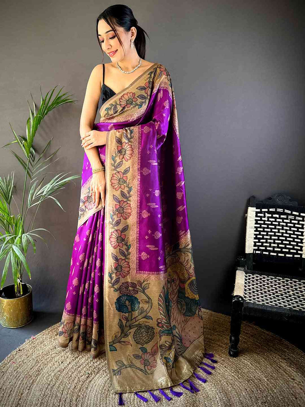 Purple Banarasi Silk Saree with Floral Kalamkari Pallu & Golden Zari Border