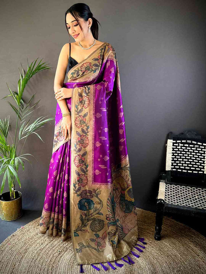 Purple Banarasi Silk Saree with Floral Print & Gold Zari Border