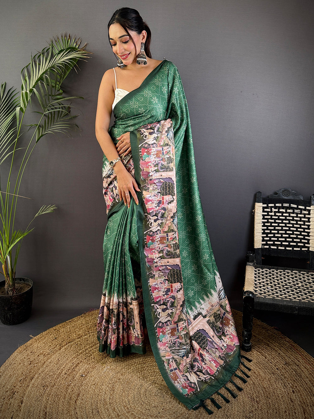 Bottle Green Patola Print Silk Saree with Royal Palace Pallu & Tassel Border