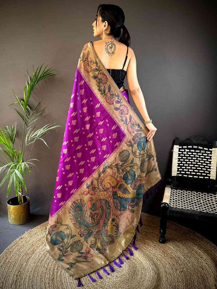 Purple Banarasi Silk Saree with Floral Print & Gold Zari Border