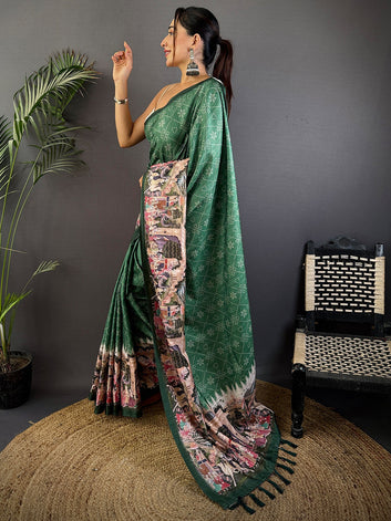 Bottle Green Art Silk Saree with Royal Palace Theme Print & Woven Border
