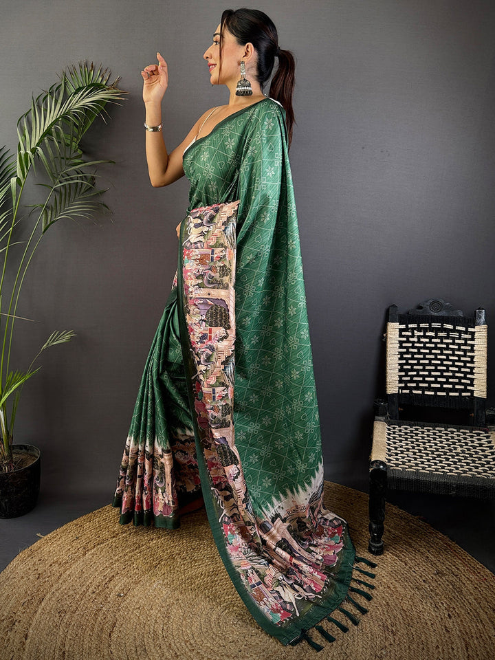 Bottle Green Patola Print Silk Saree with Royal Palace Pallu & Tassel Border