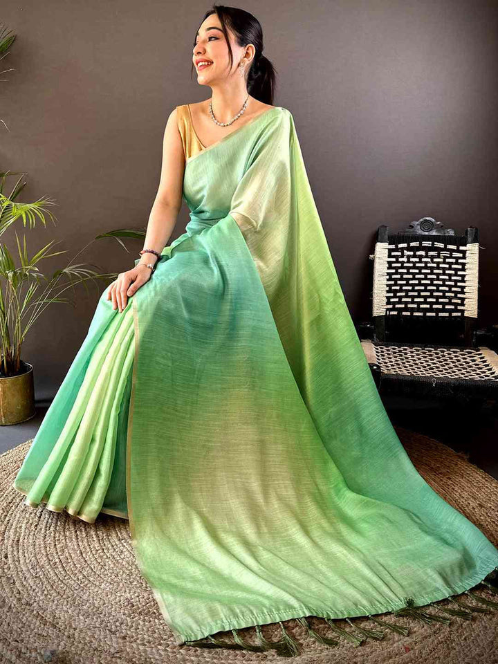 Mint Green Ombre Handloom Linen Saree with Tassel Pallu