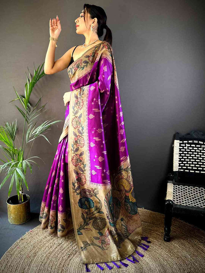 Purple Banarasi Silk Saree with Floral Kalamkari Pallu & Golden Zari Border