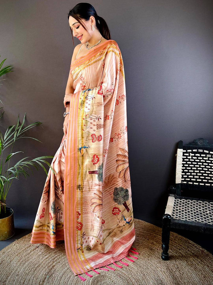 Peach Art Silk Saree with Village Theme Print & Contrast Tassel Pallu