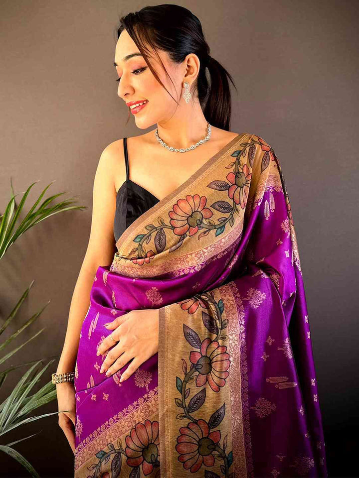Purple Banarasi Silk Saree with Floral Print & Gold Zari Border