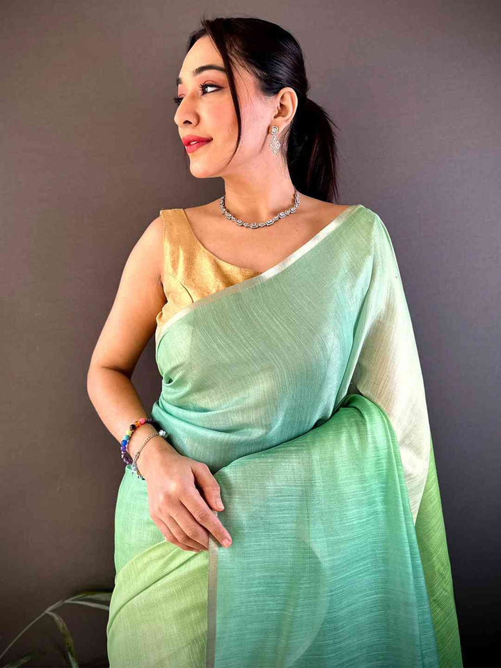 Mint Green Ombre Handloom Linen Saree with Tassel Pallu