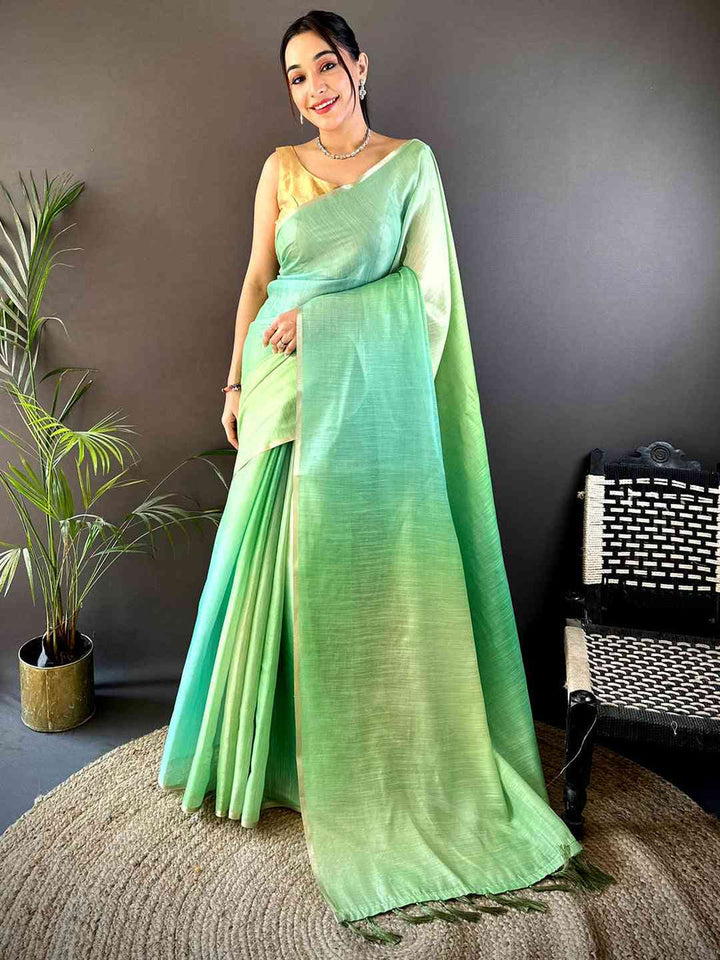 Mint Green Ombre Handloom Linen Saree with Tassel Pallu