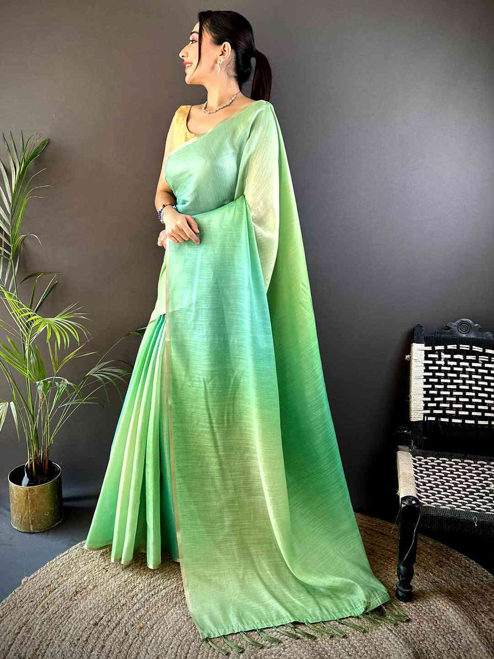 Light Green Ombre Silk Saree with Subtle Shine & Tassel Pallu