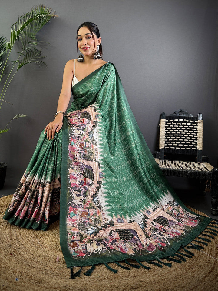 Bottle Green Patola Print Silk Saree with Royal Palace Pallu & Tassel Border