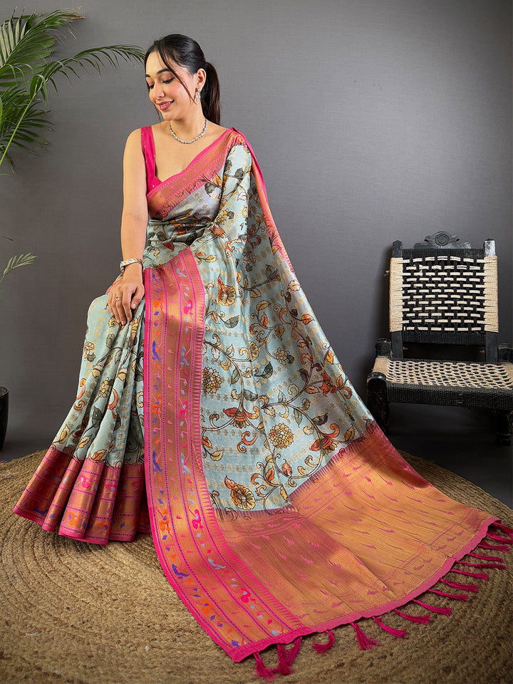 Sky Blue Art Silk Saree with Floral Print & Pink Zari Border