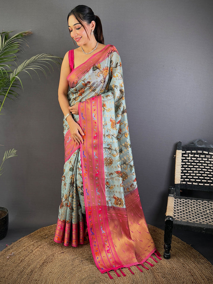 Sky Blue Art Silk Saree with Floral Print & Pink Zari Border