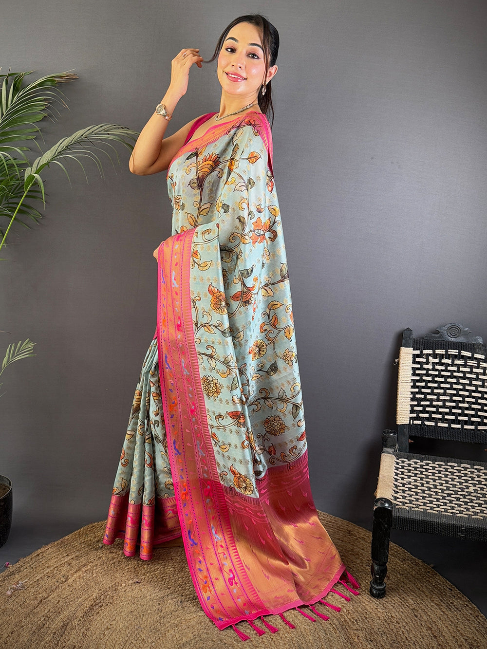 Sky Blue Art Silk Saree with Floral Print & Pink Zari Border