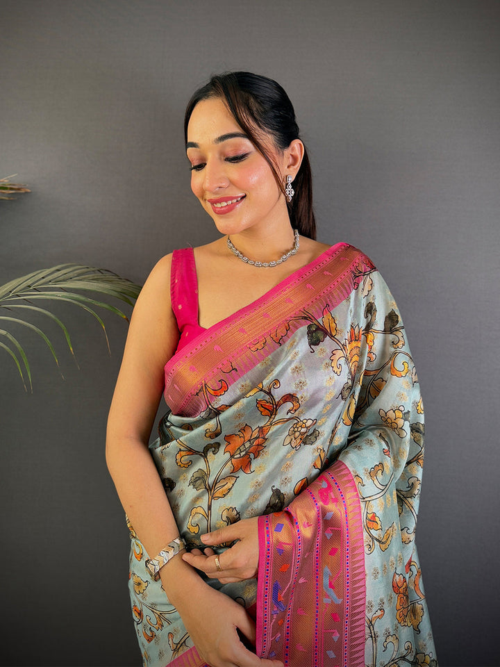 Sky Blue Art Silk Saree with Floral Print & Pink Zari Border