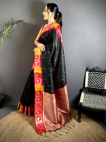 Black Banarasi Silk Saree with Contrast Ikat Border & Rich Copper Zari Pallu