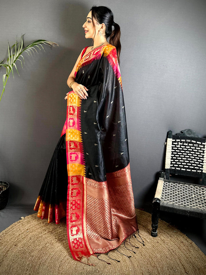 Black Banarasi Silk Saree with Contrast Ikat Border & Rich Copper Zari Pallu