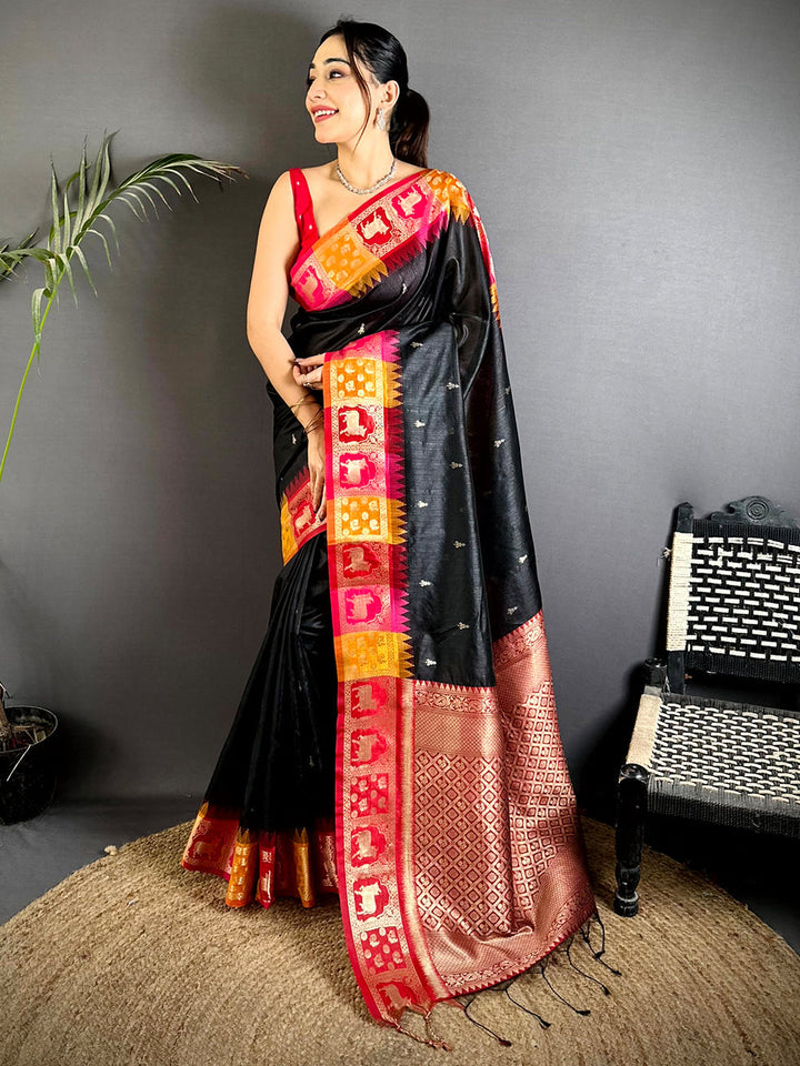 Black Banarasi Silk Saree with Contrast Ikat Border & Rich Copper Zari Pallu