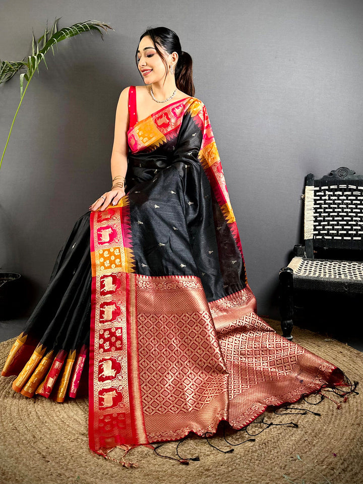 Black Banarasi Silk Saree with Contrast Ikat Border & Rich Copper Zari Pallu