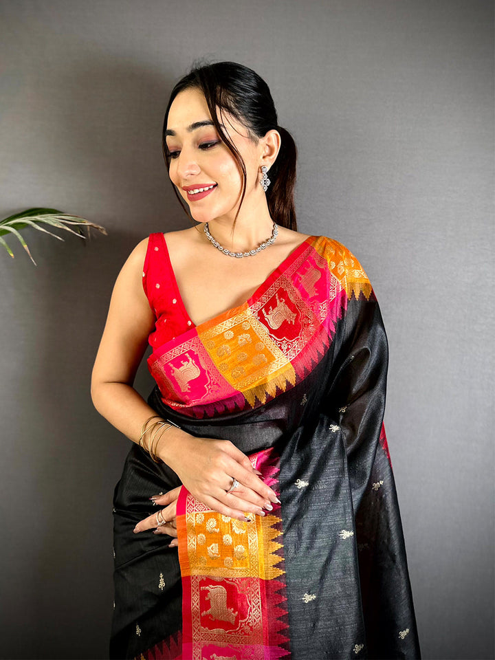 Black Banarasi Silk Saree with Contrast Ikat Border & Rich Copper Zari Pallu