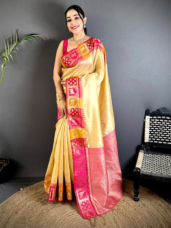 Cream & Pink Banarasi Silk Saree with Contrast Border & Woven Zari Pallu