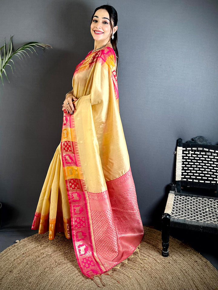 Cream Banarasi Silk Saree with Contrast Pink Ikat Border & Rich Zari Pallu