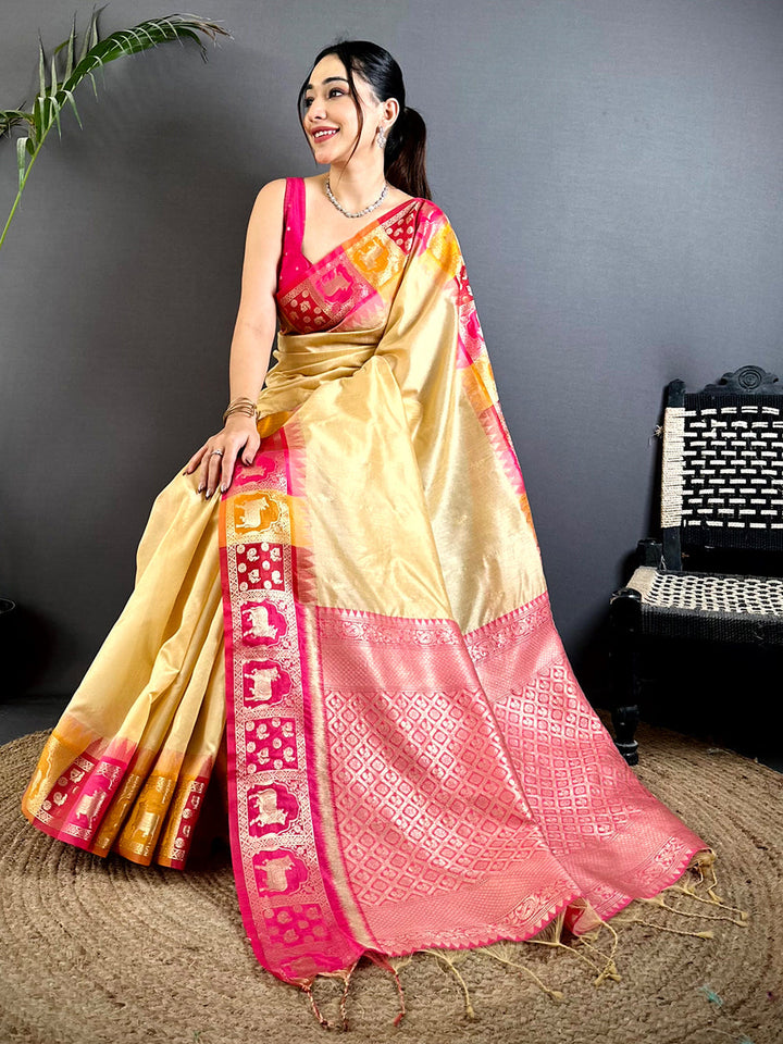Cream & Pink Banarasi Silk Saree with Contrast Border & Woven Zari Pallu